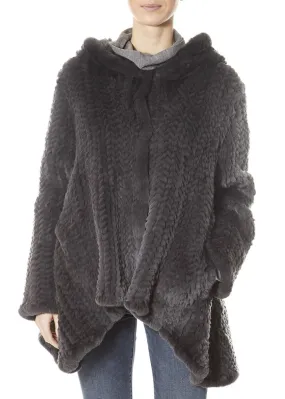 Dark Grey Asymmetric Knitted Rex Rabbit Jacket With Hood