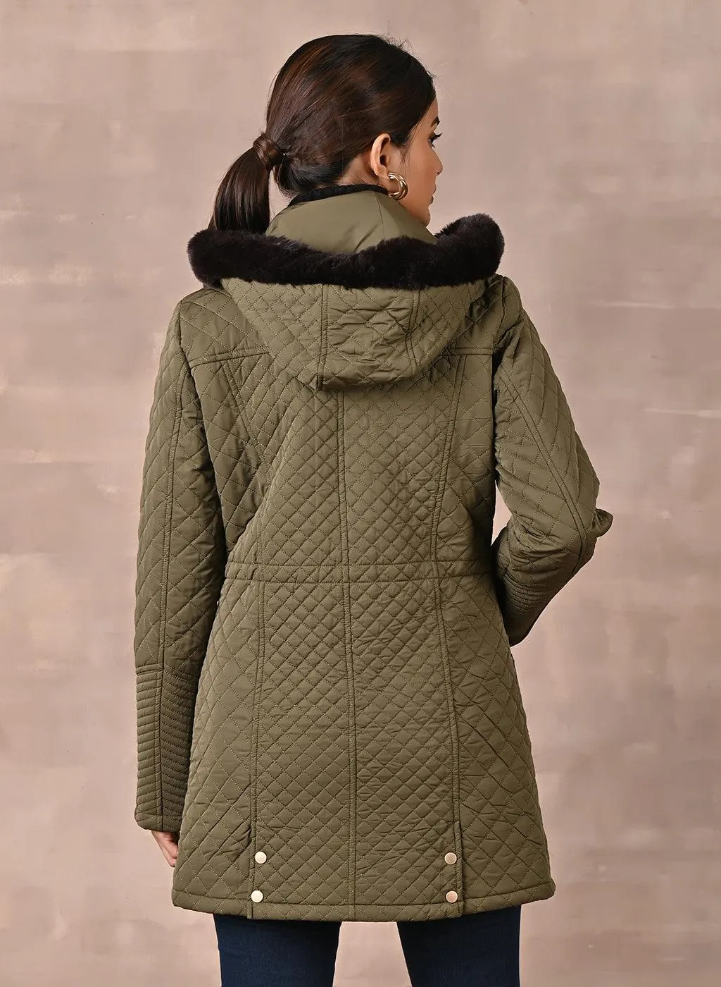 Dark Olive Quilted Jacket with attached Hood