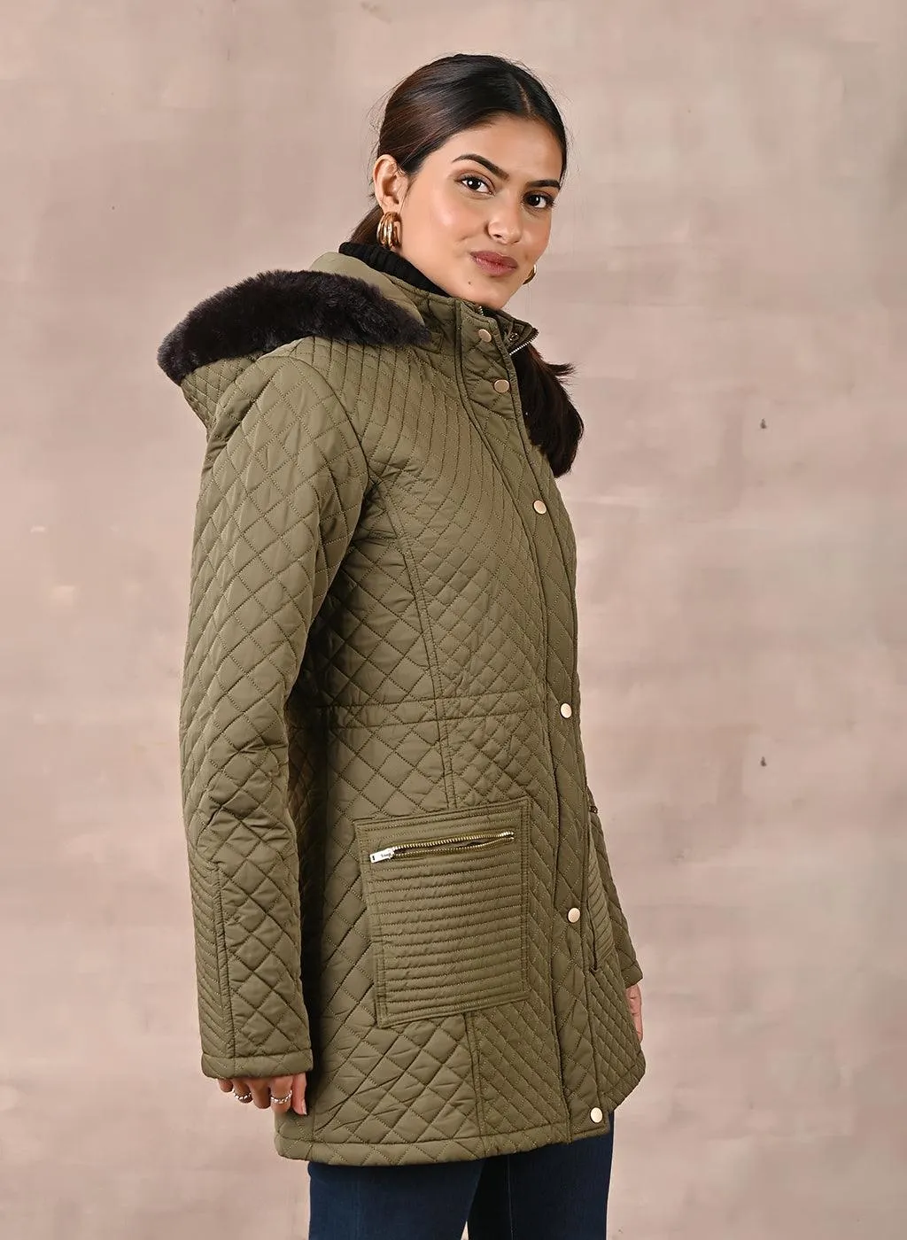 Dark Olive Quilted Jacket with attached Hood