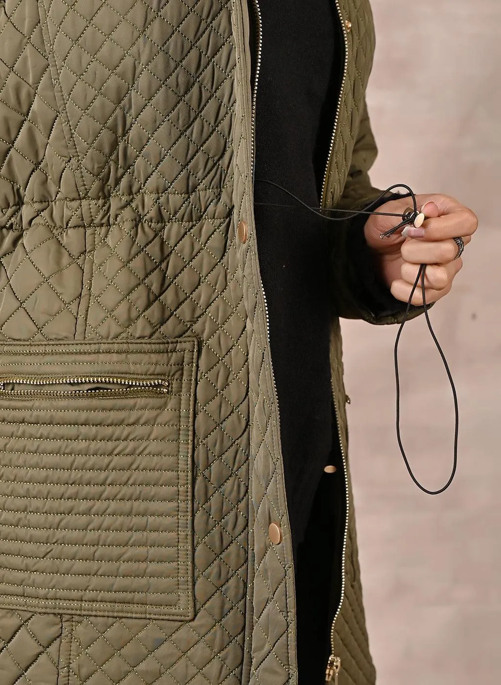 Dark Olive Quilted Jacket with attached Hood