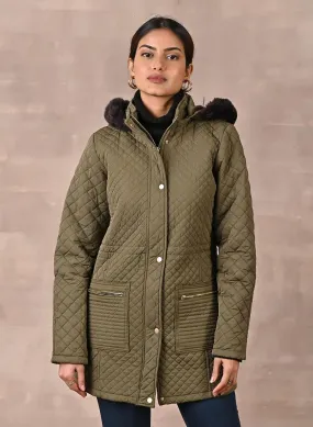 Dark Olive Quilted Jacket with attached Hood