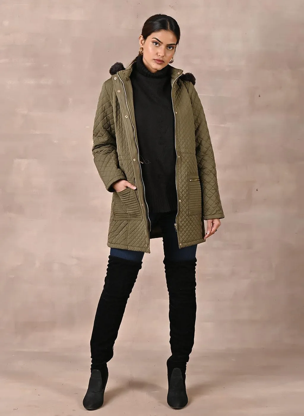 Dark Olive Quilted Jacket with attached Hood