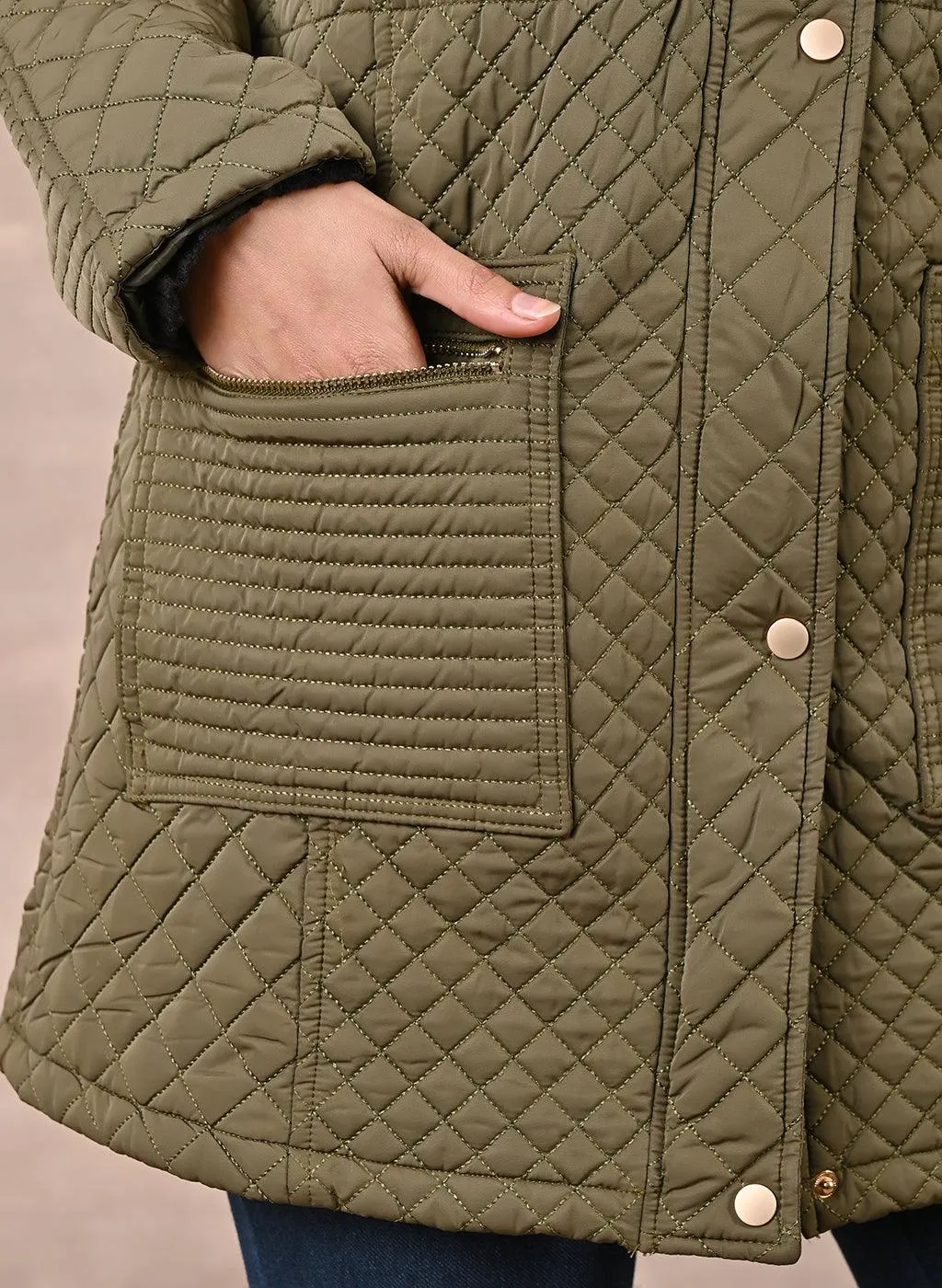 Dark Olive Quilted Jacket with attached Hood