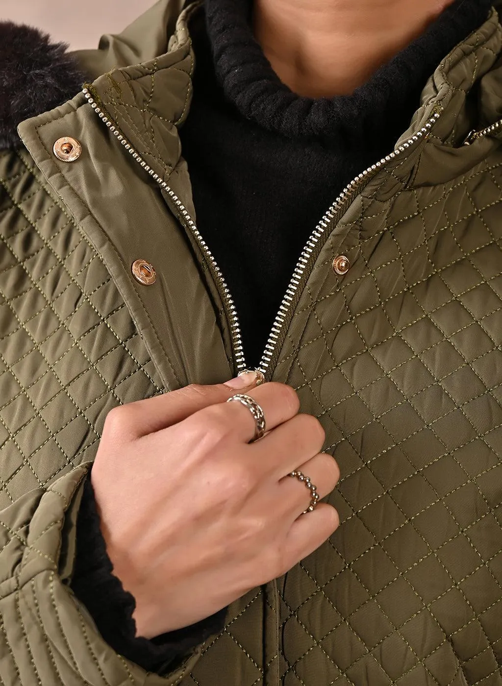 Dark Olive Quilted Jacket with attached Hood