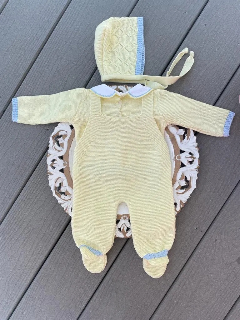 Diamond Knitted Detail Romper Knitted Set in Yellow and Sky Blue