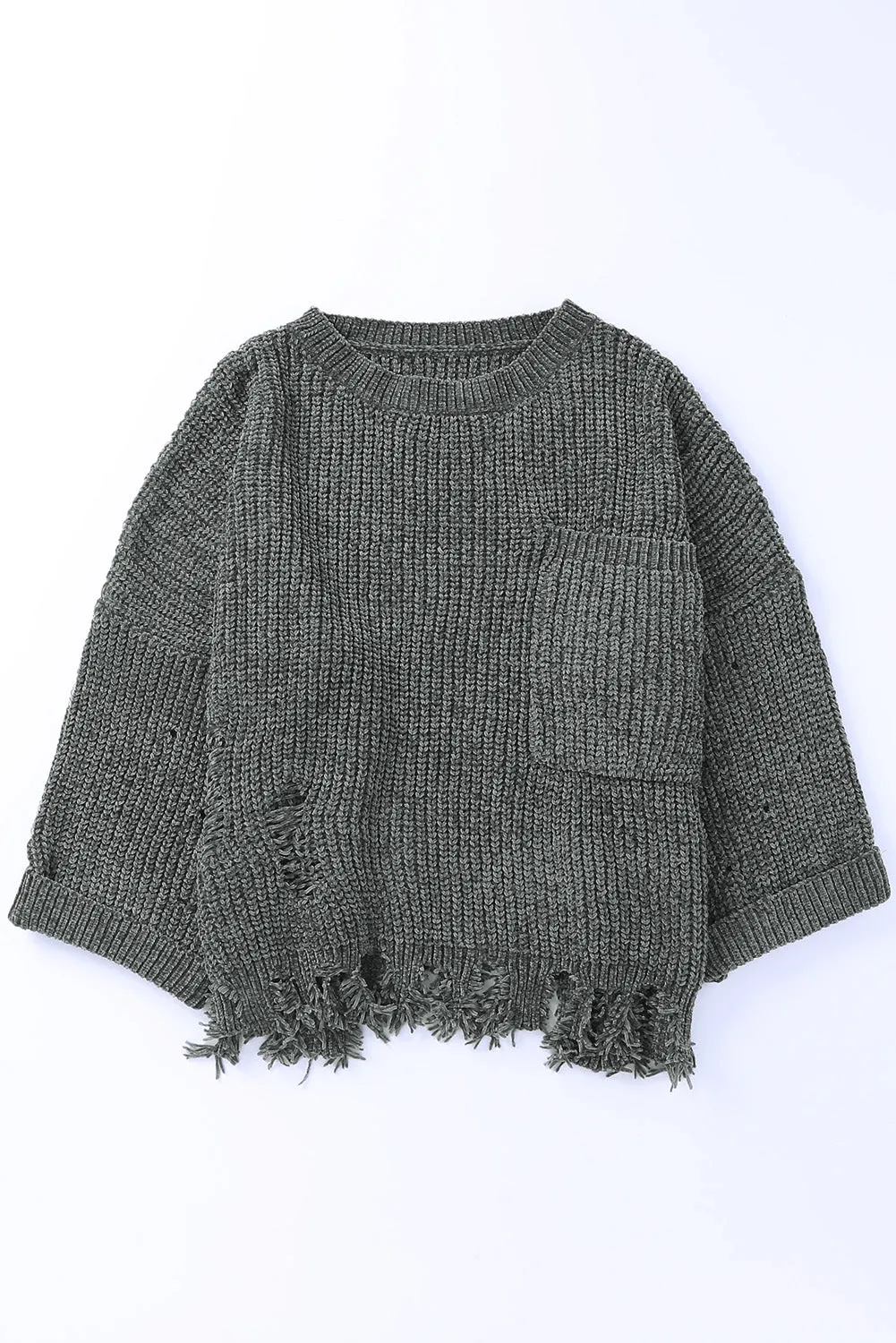 Distressed Pocketed Chunky Pullover Sweater