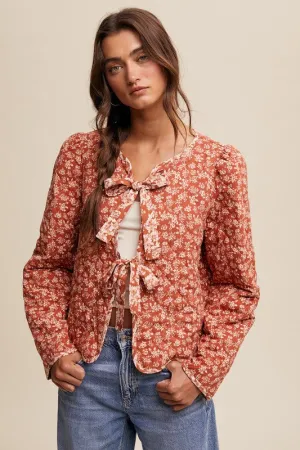 Ditzy Floral Print Front Bow Tie Quilt Jacket