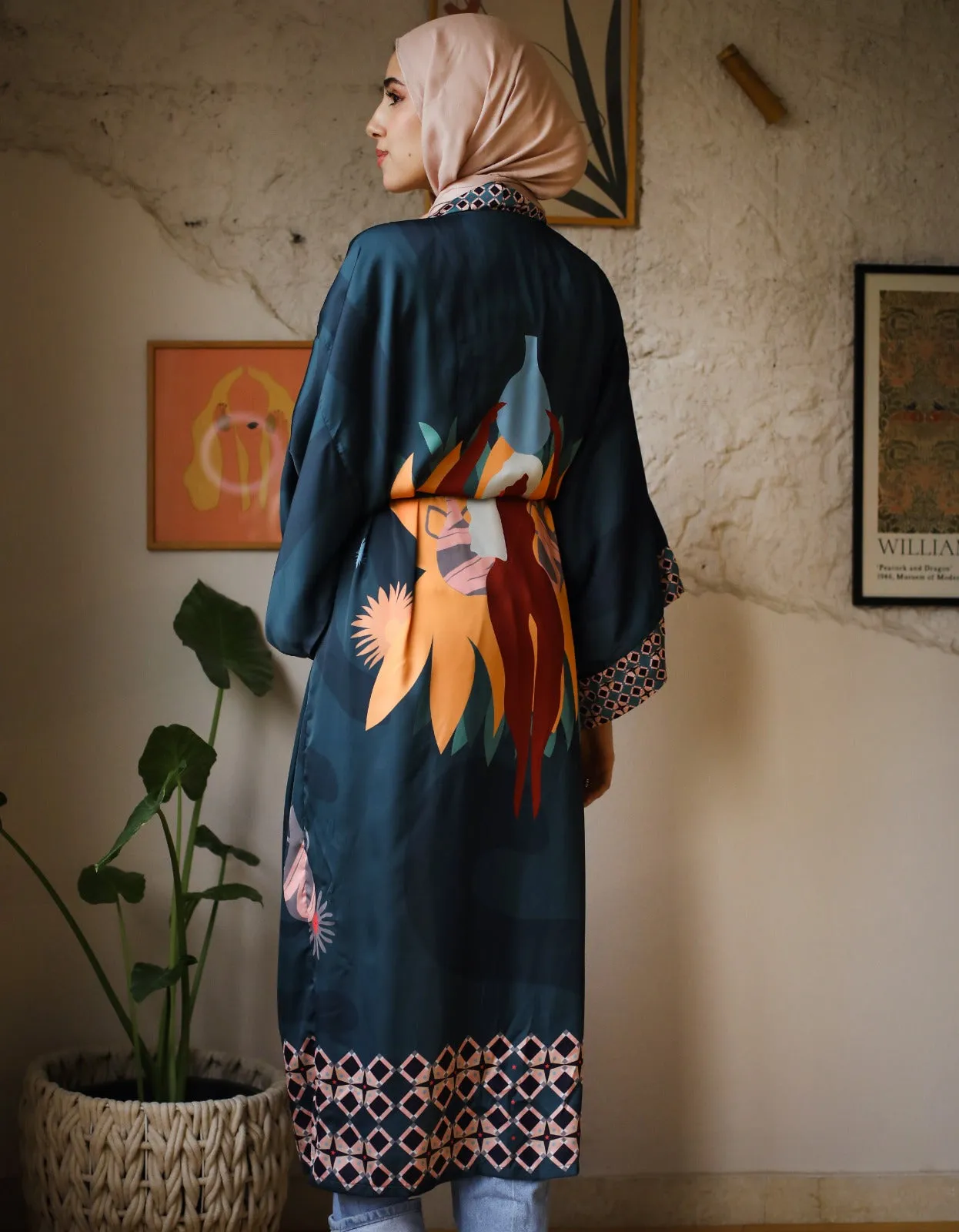 Egyptian Goddess Energy Satin Kimono Teal