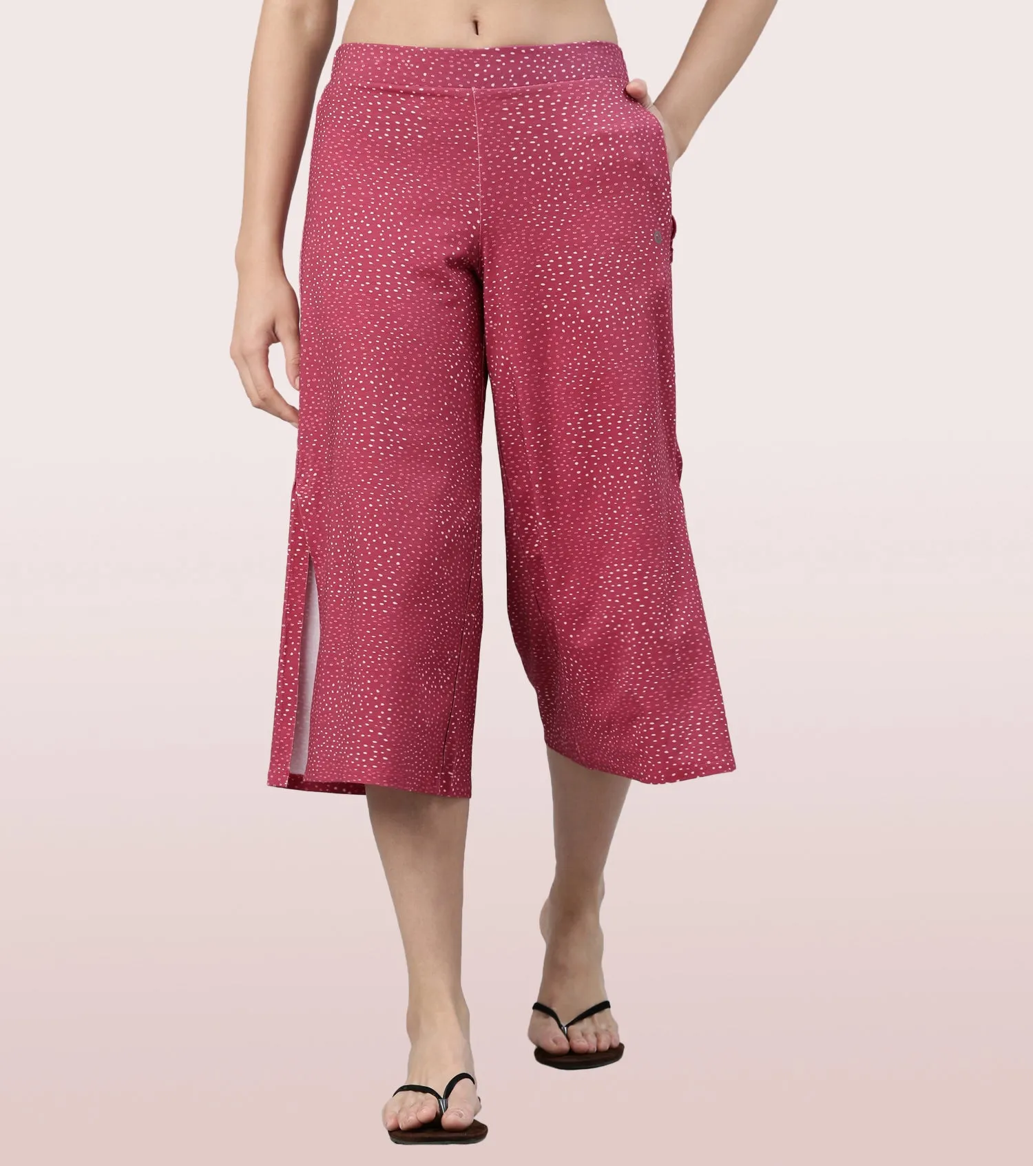 Enamor Culotte Pants For Women | Crop Length Culottes With Smart Side Slits | Black Pixie Aop