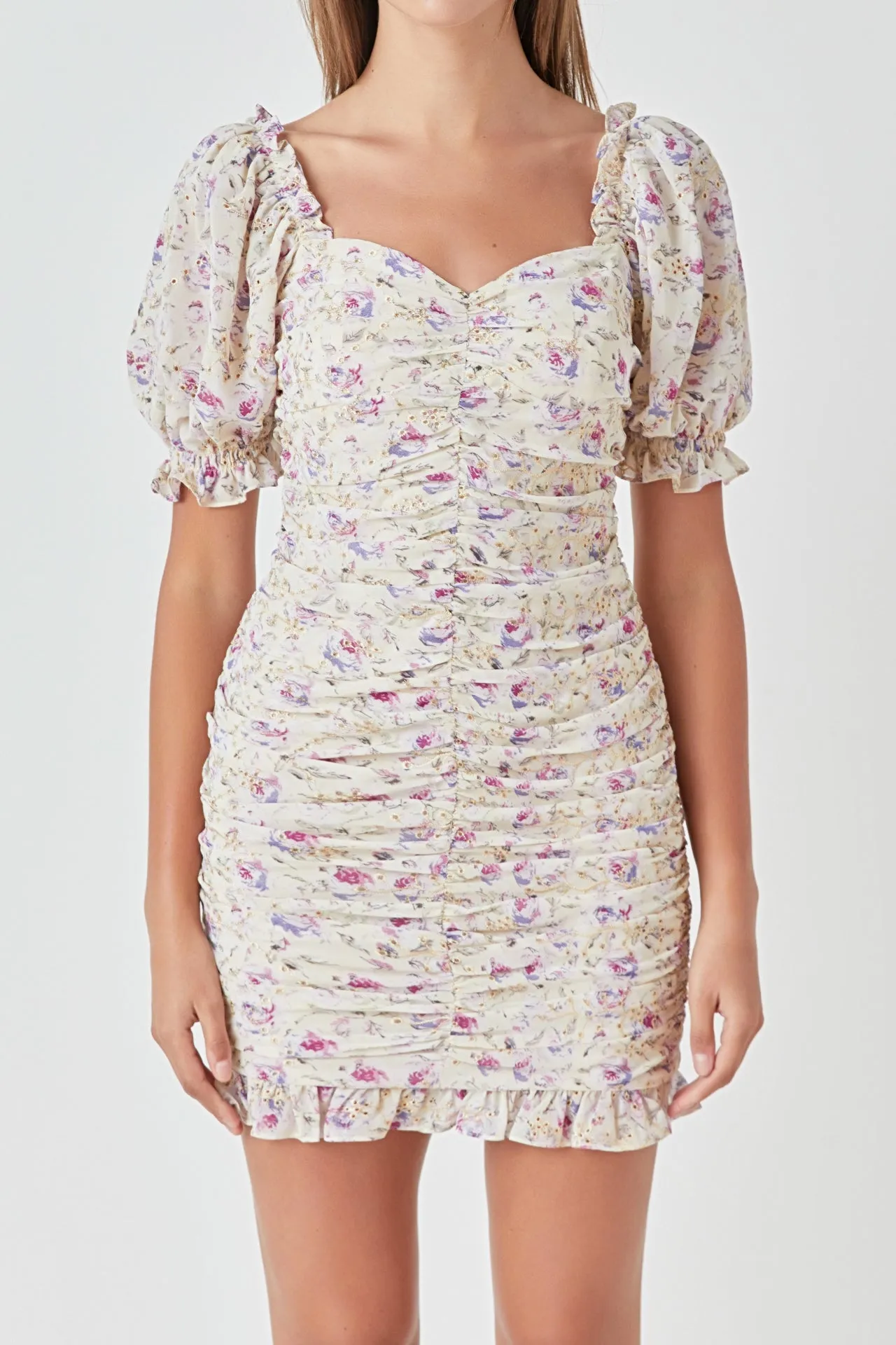 Endless Rose - Embroidery on Chiffon Shirred Mini Dress