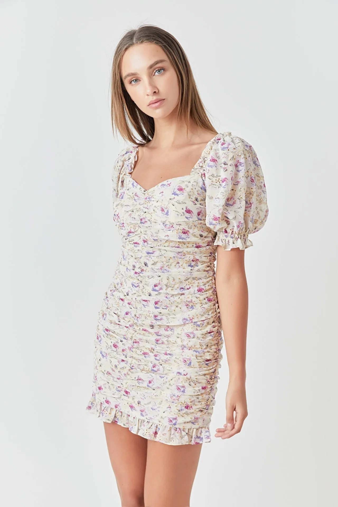 Endless Rose - Embroidery on Chiffon Shirred Mini Dress