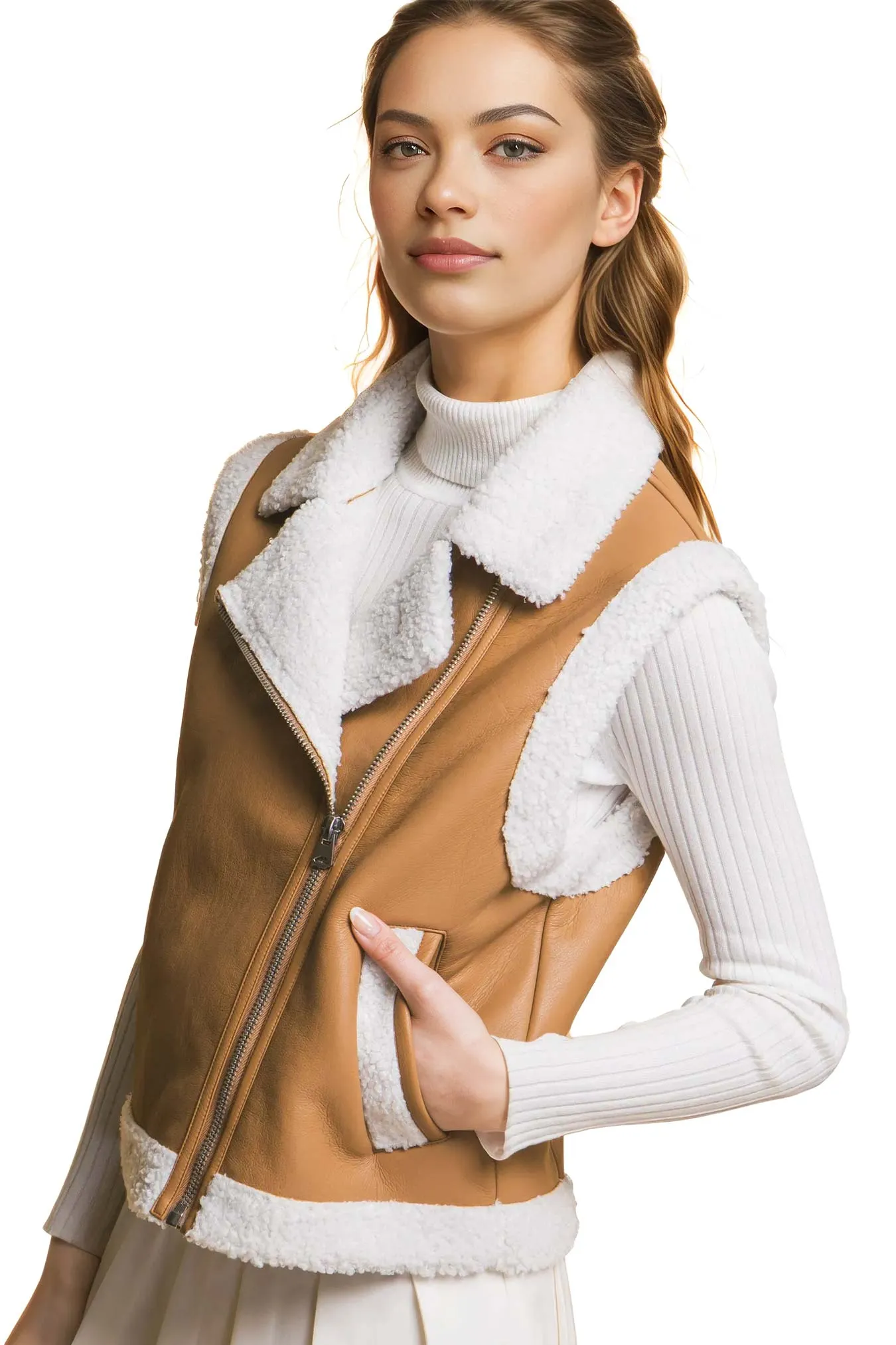 Faux Leather Sherpa Trim Vest