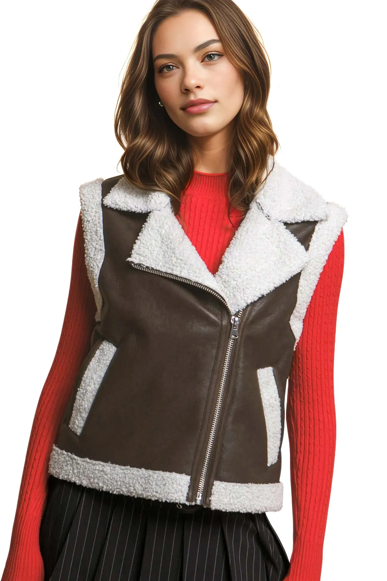 Faux Leather Sherpa Trim Vest