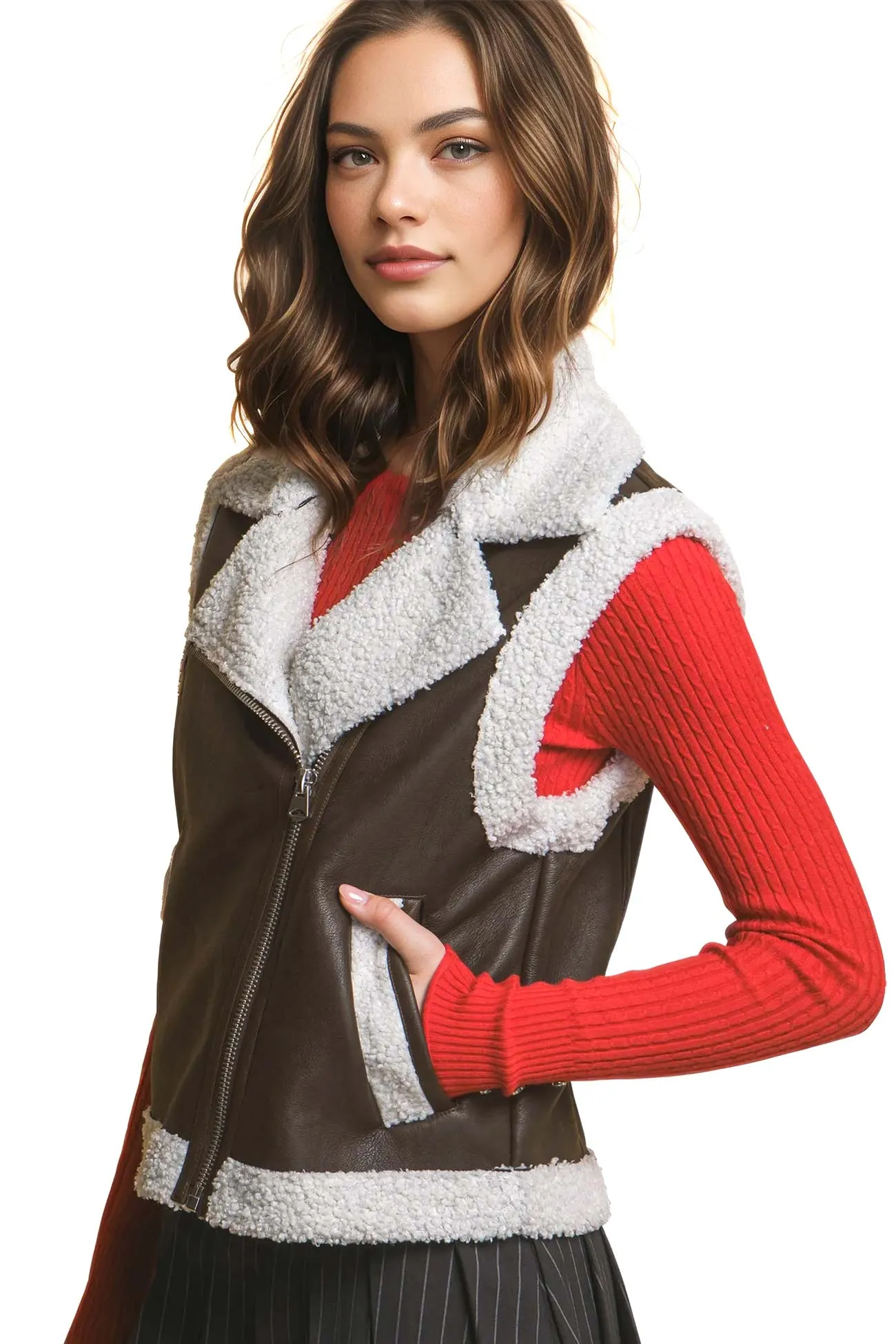 Faux Leather Sherpa Trim Vest