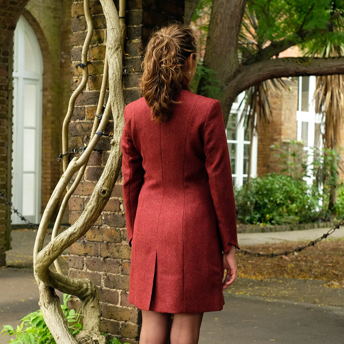 Fitted Tweed Coat in Rust Herringbone