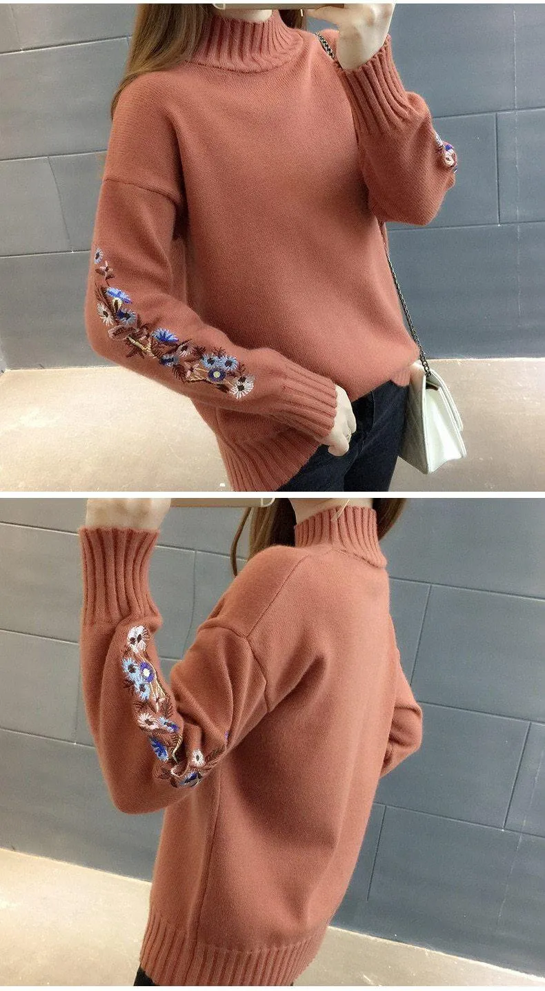 Floral Sleeves Turtleneck Women's Sweater