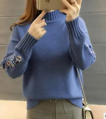 Floral Sleeves Turtleneck Women's Sweater