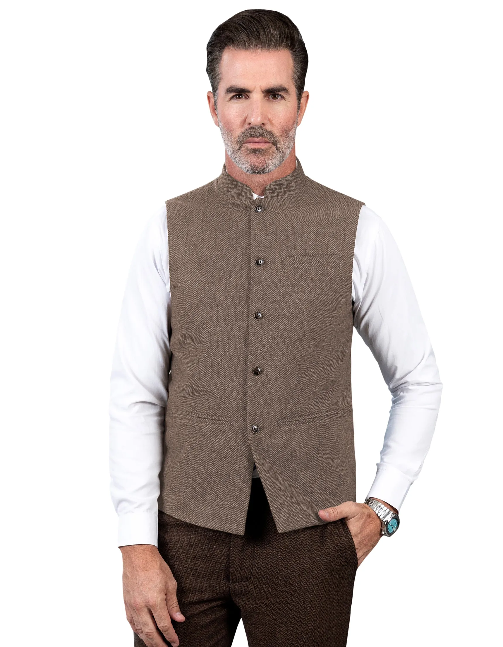 Formal Men's Slim Fit herringbone Stand Collar Waistcoat