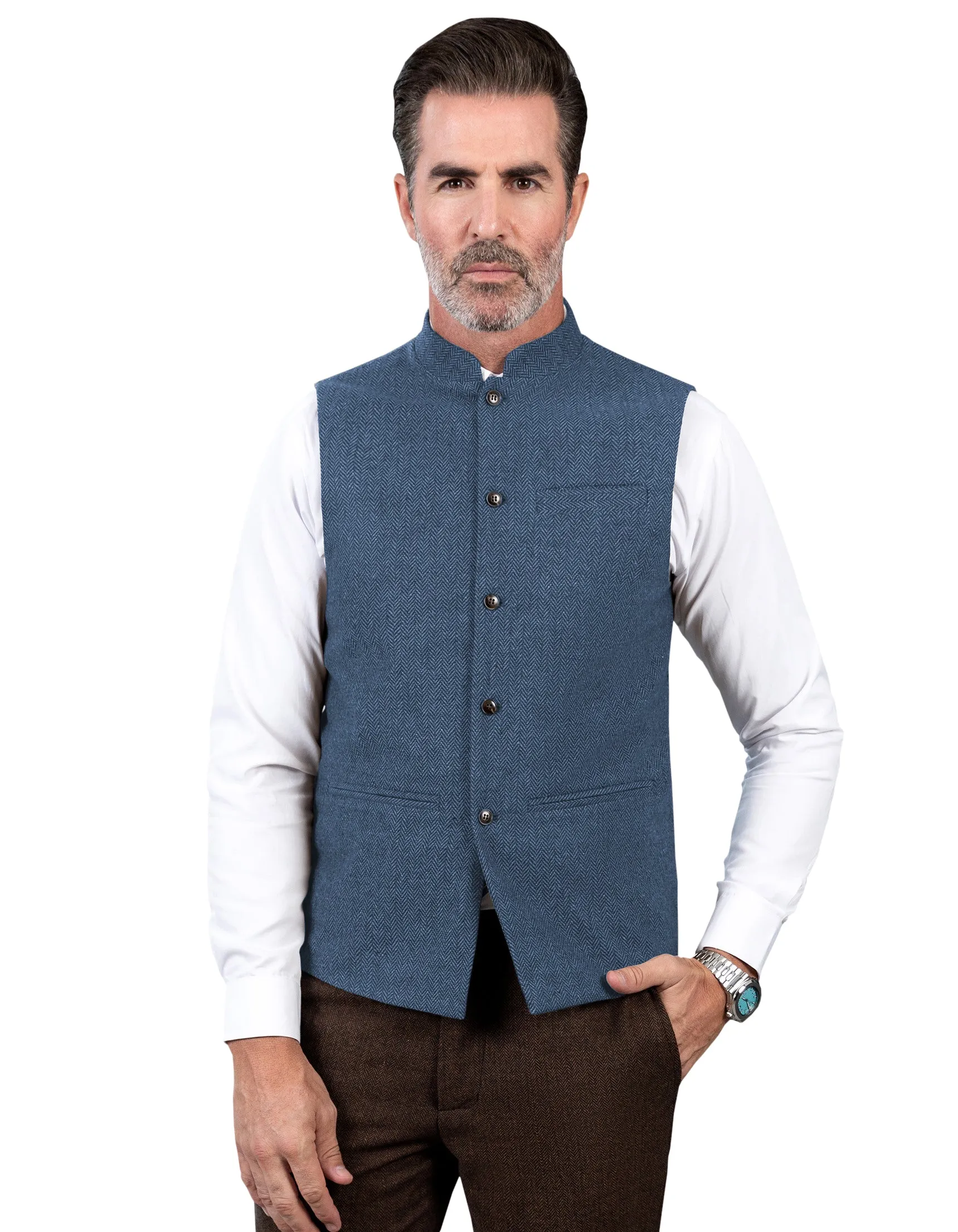 Formal Men's Slim Fit herringbone Stand Collar Waistcoat