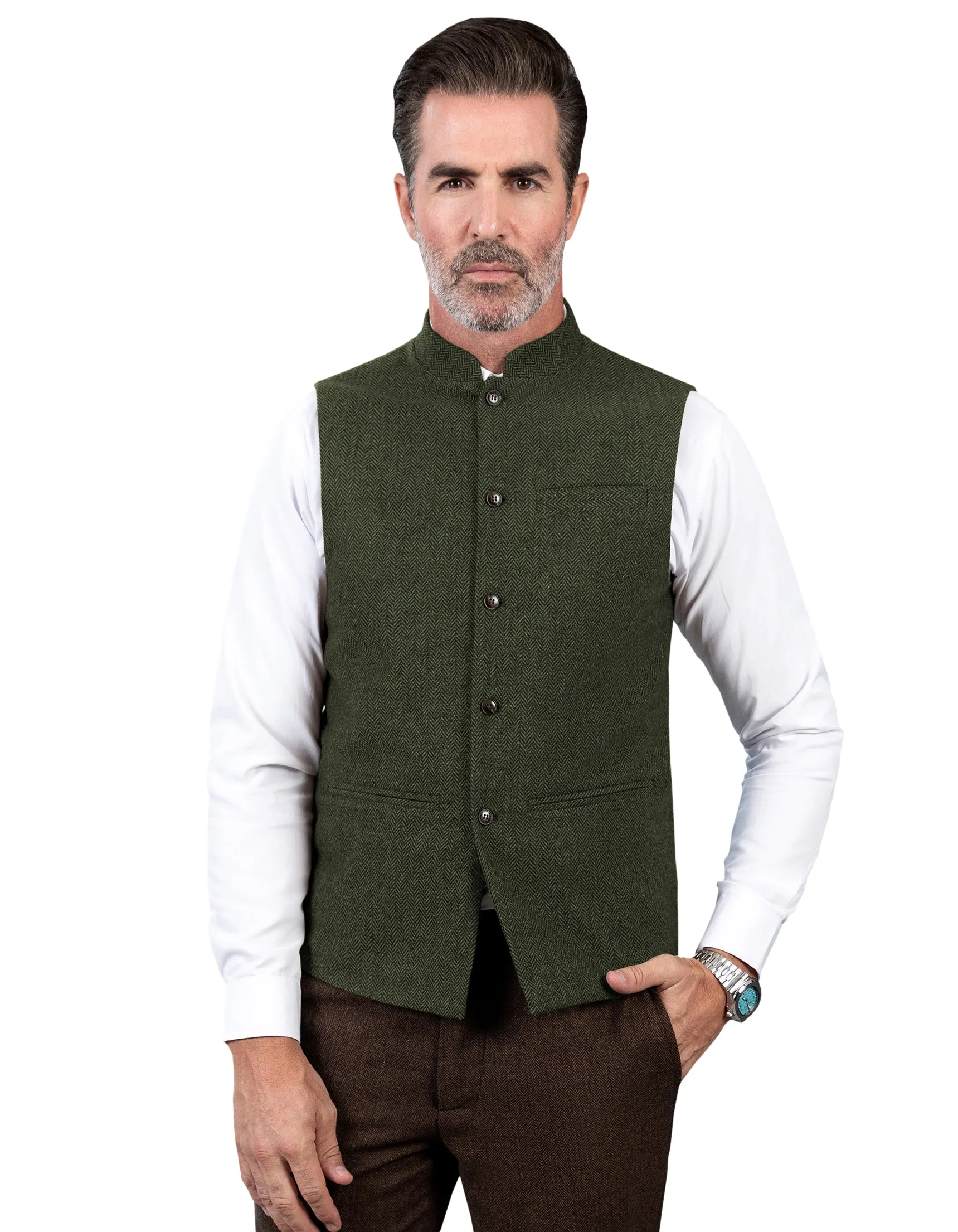 Formal Men's Slim Fit herringbone Stand Collar Waistcoat