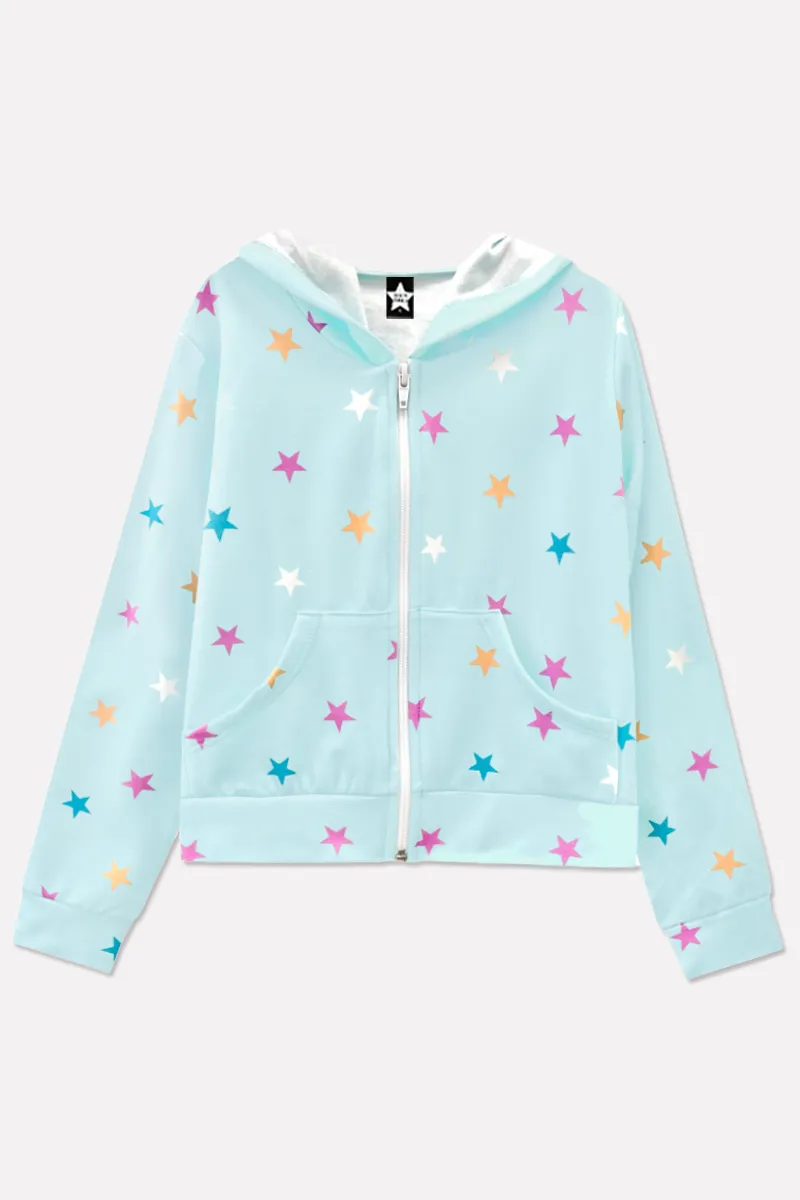 French Terry Easy Zip Hoodie - Ice Mint Pink Stars