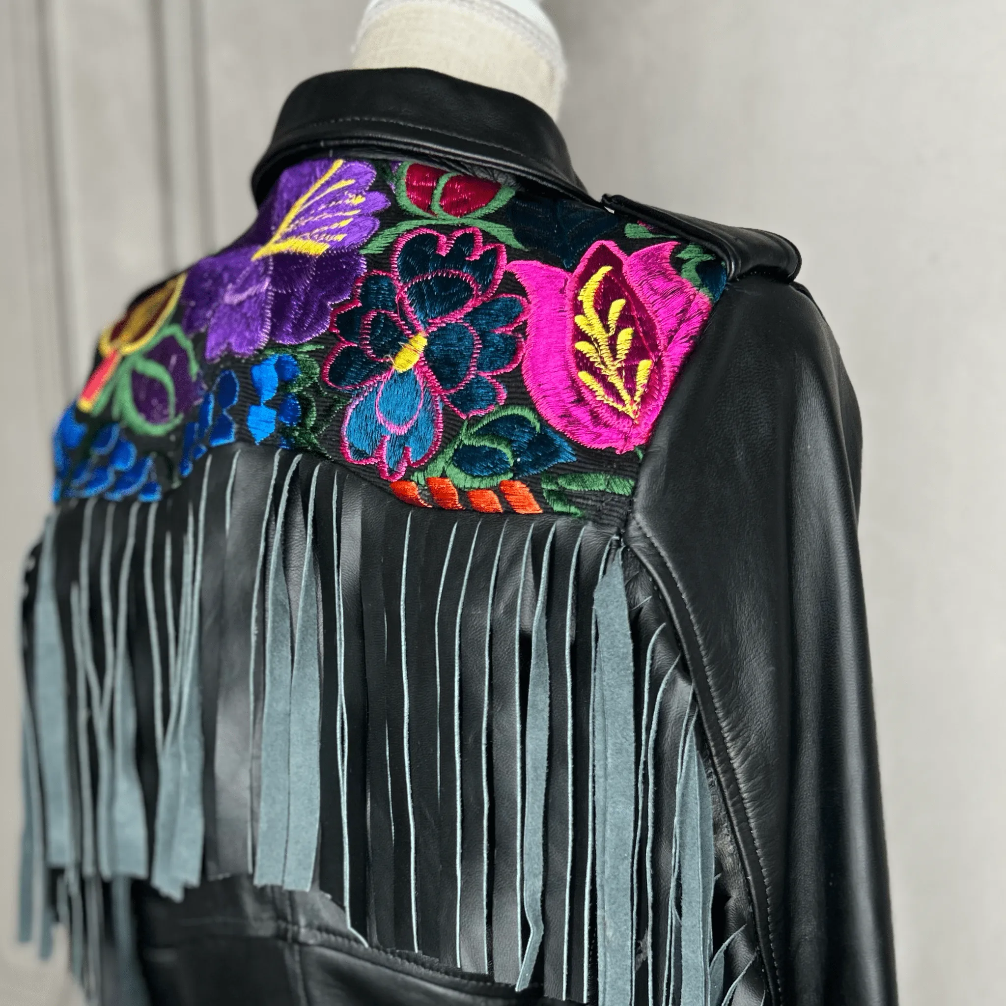 Fringed Leather Motorcycle Jacket - Zinia Embroidery