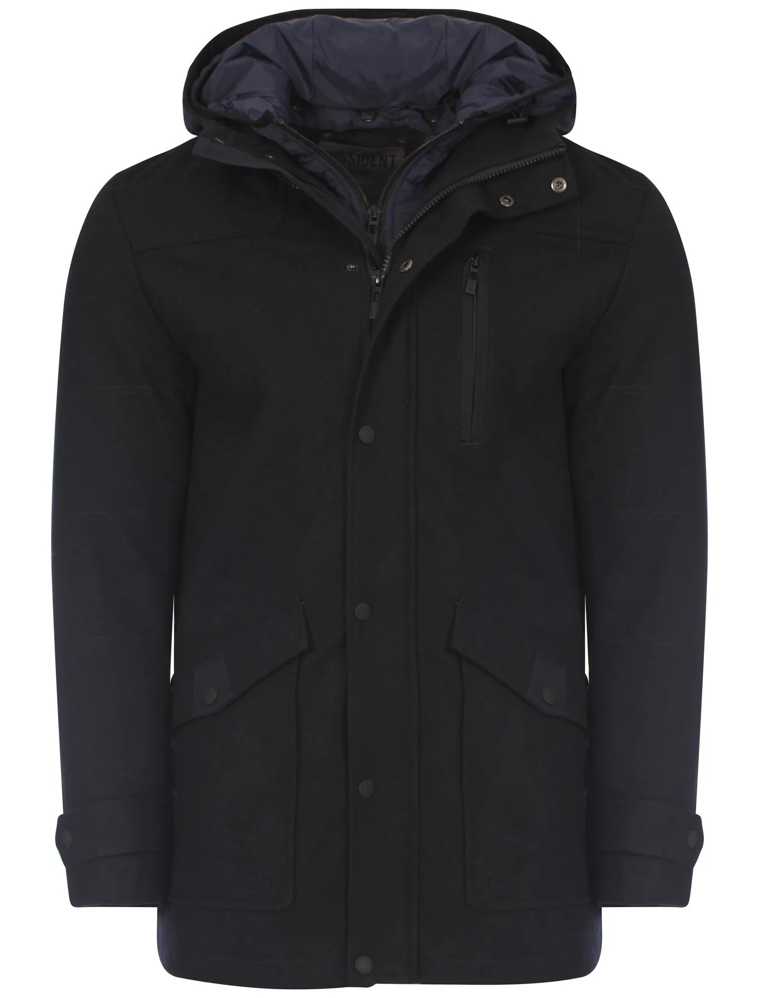 Gorleston Wool Rich Mock Insert Hooded Coat in Navy - Dissident