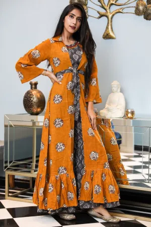 Grey And Mustard Printed Crop Top Sharara With Long Jacket