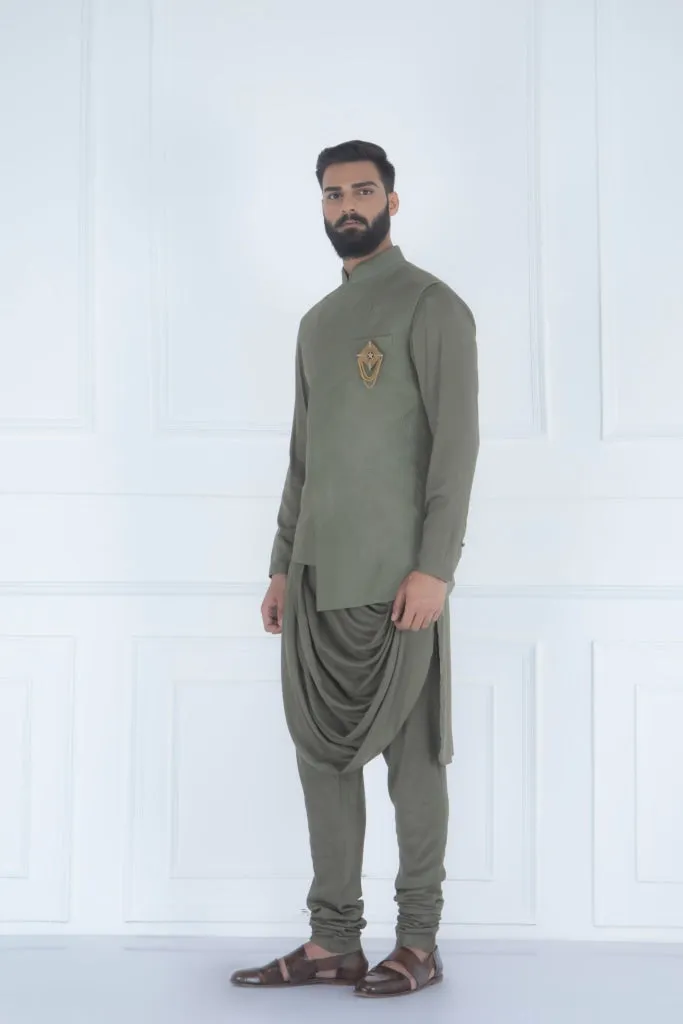 KARAN SINGH GROVER IN OLIVE QUILTED NEHRU JACKET SET