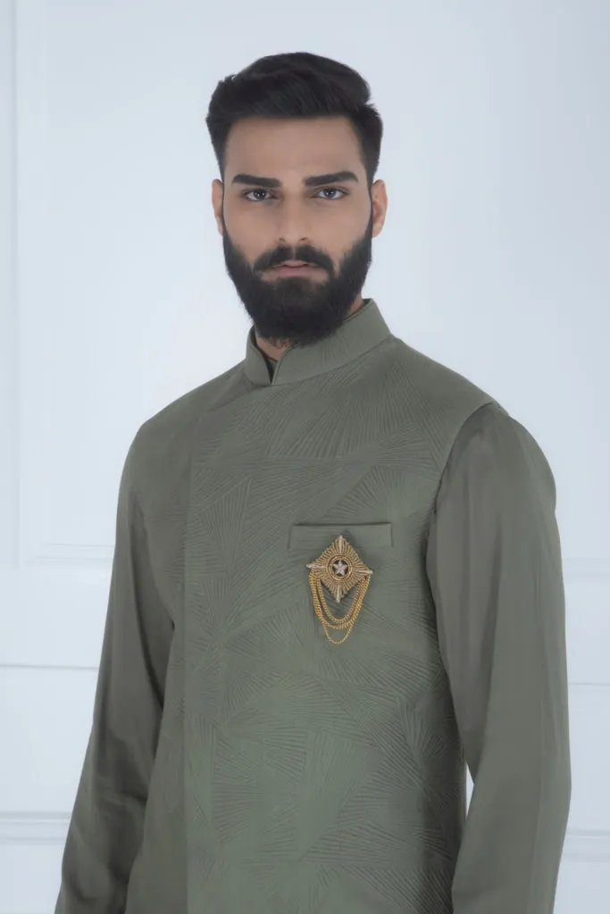 KARAN SINGH GROVER IN OLIVE QUILTED NEHRU JACKET SET