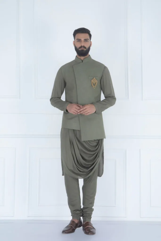 KARAN SINGH GROVER IN OLIVE QUILTED NEHRU JACKET SET