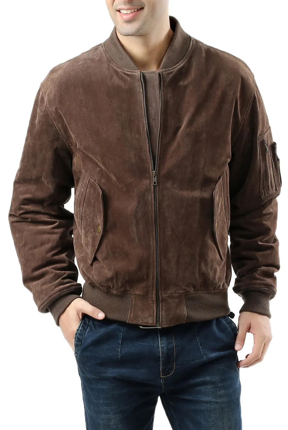 Landing Leathers Men MA-1 Suede Leather Flight Bomber Jacket