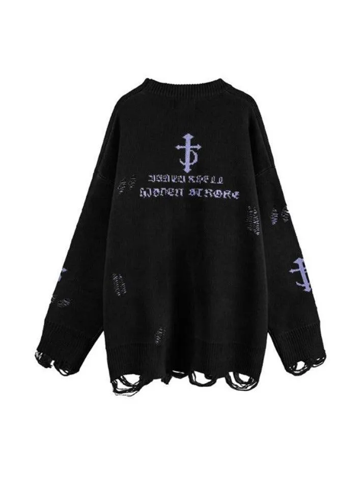 Letter Jacquard Ripped Holes Pullover Sweater