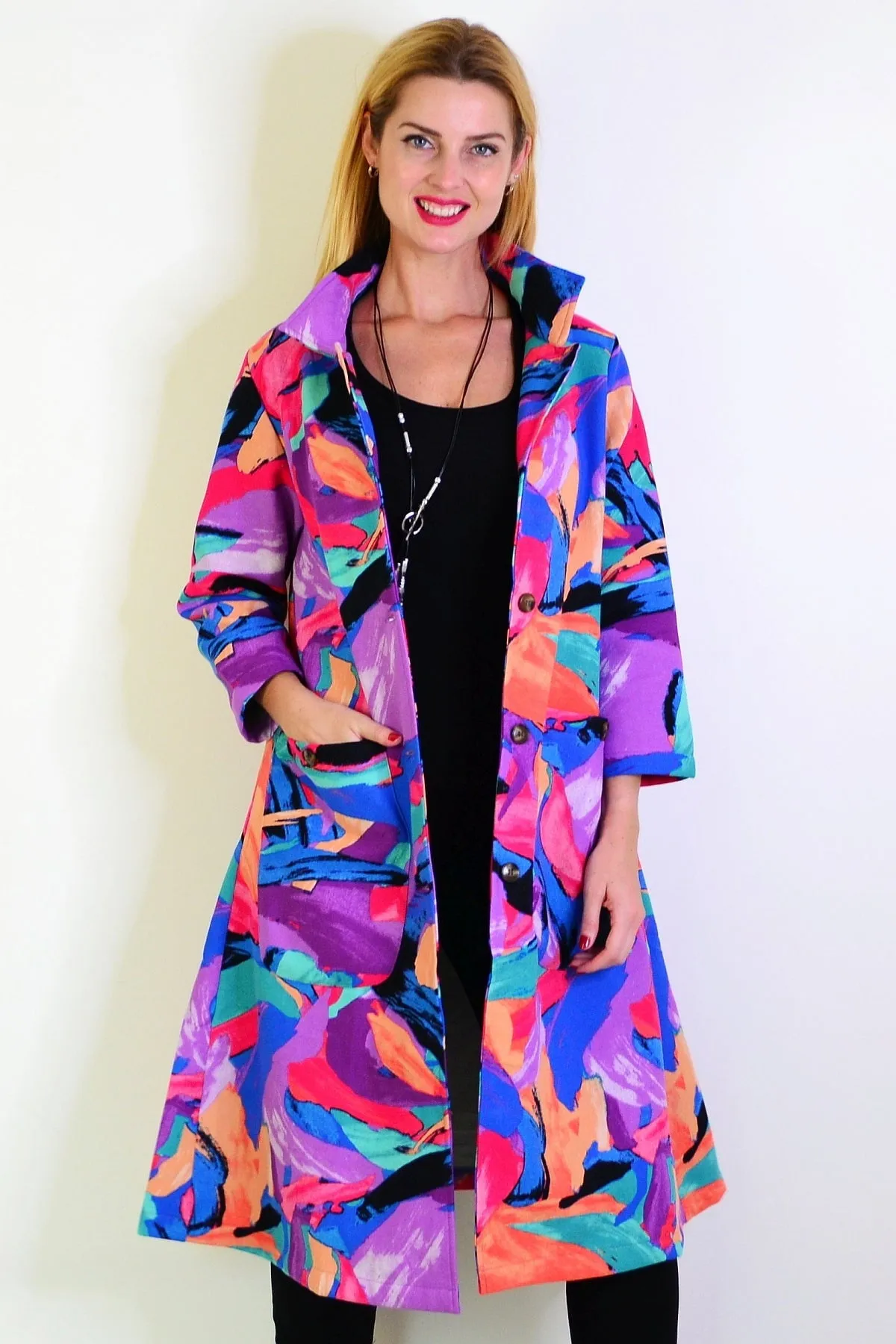 Long Multicolour Fleece Lined Jacket