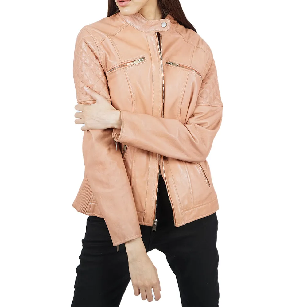 Malinda Baby Pink Biker Leather Jacket