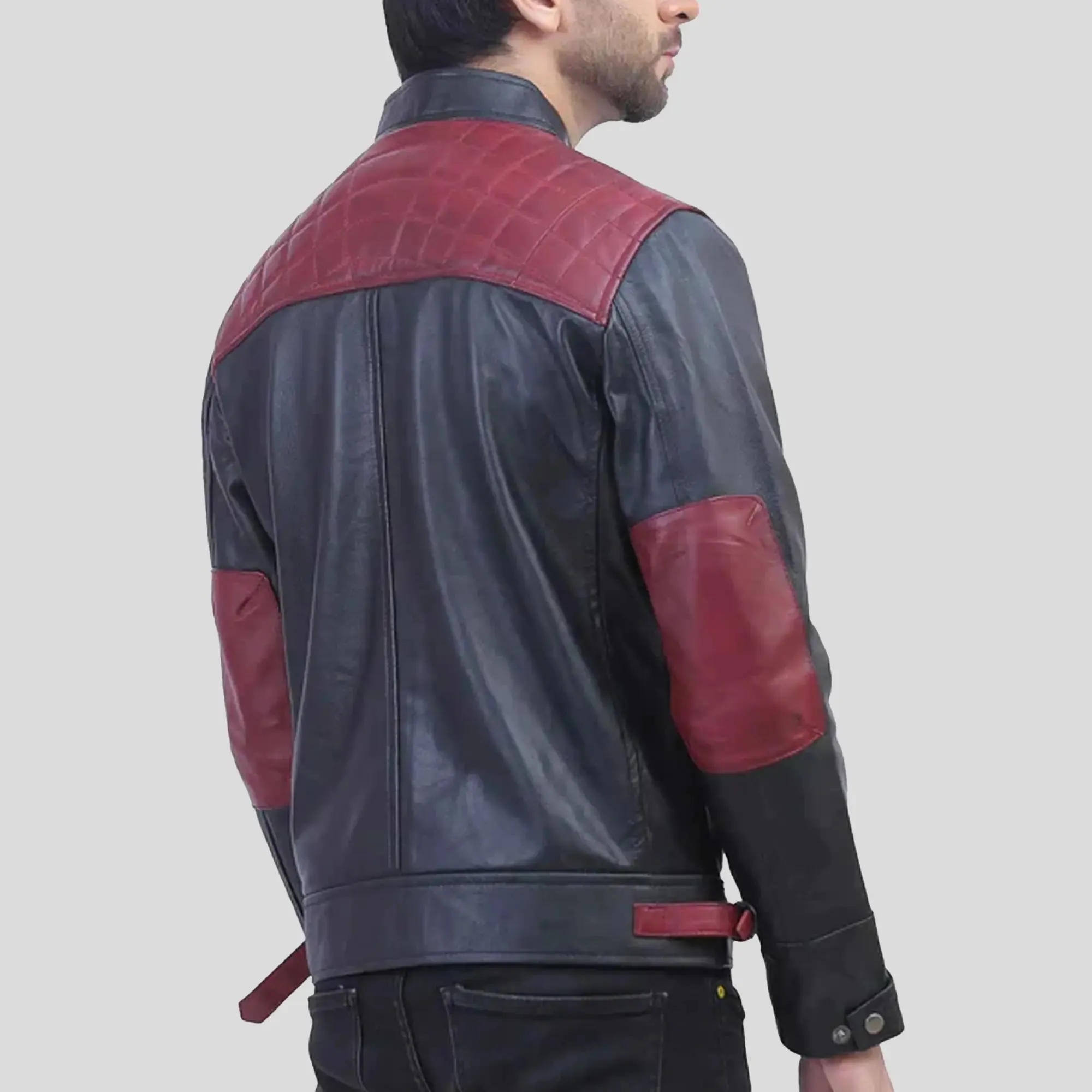 Mens Black and Maroon Quilted Leather Jacket