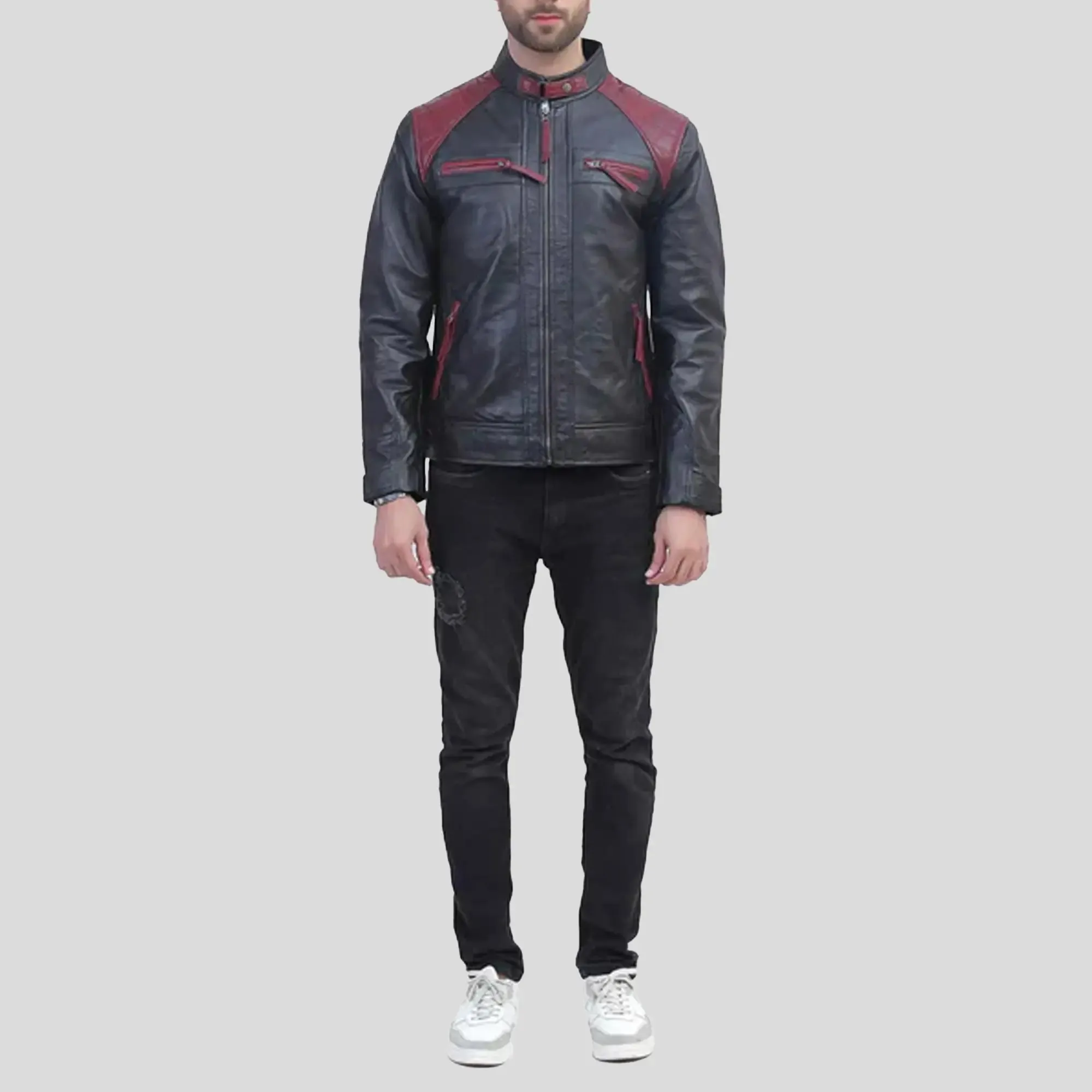 Mens Black and Maroon Quilted Leather Jacket