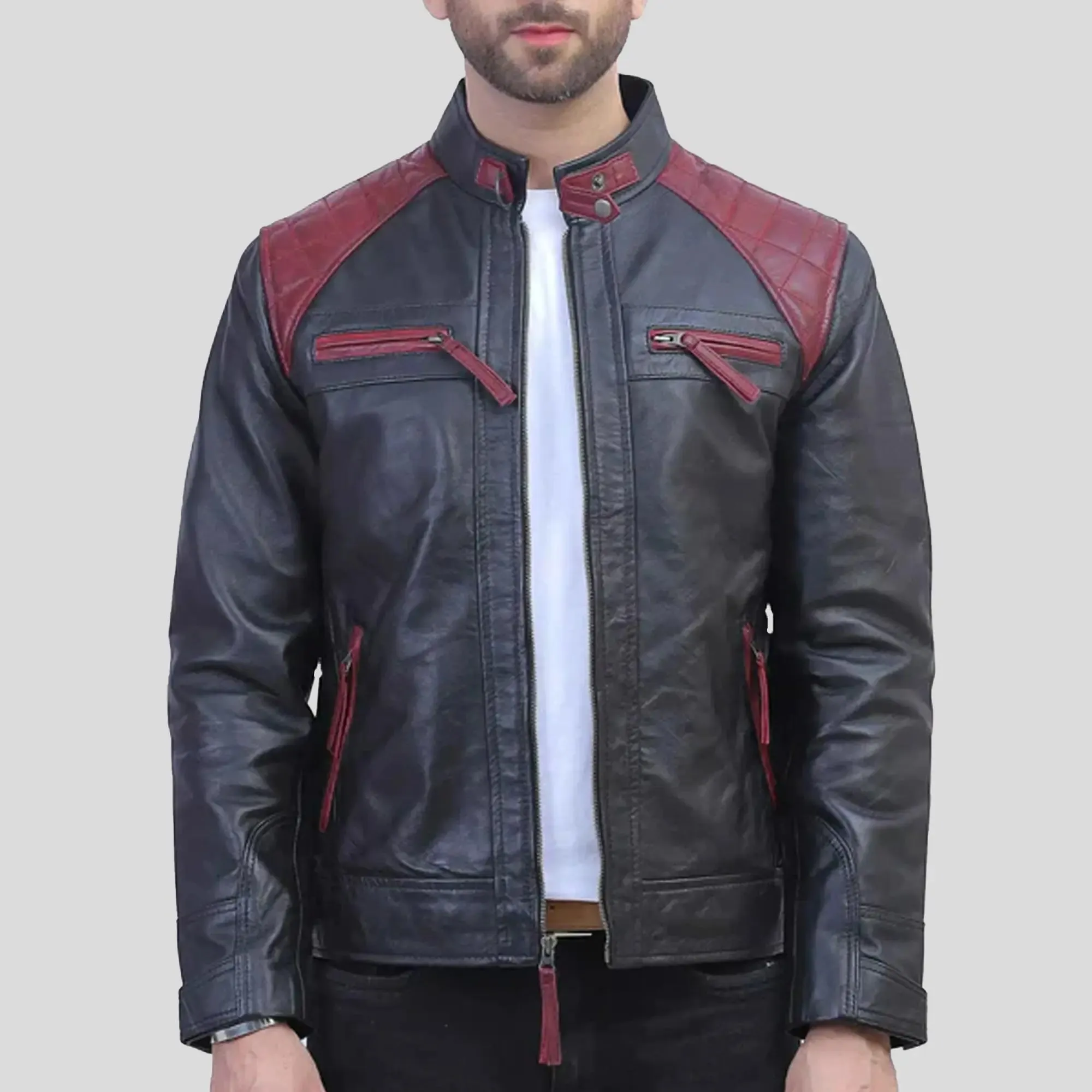 Mens Black and Maroon Quilted Leather Jacket