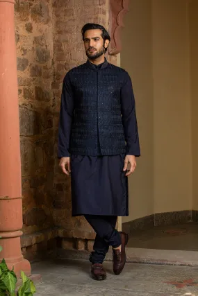 Navy Blue Kurta Churidar with Raw Silk all over Embroidered Nehru Jacket