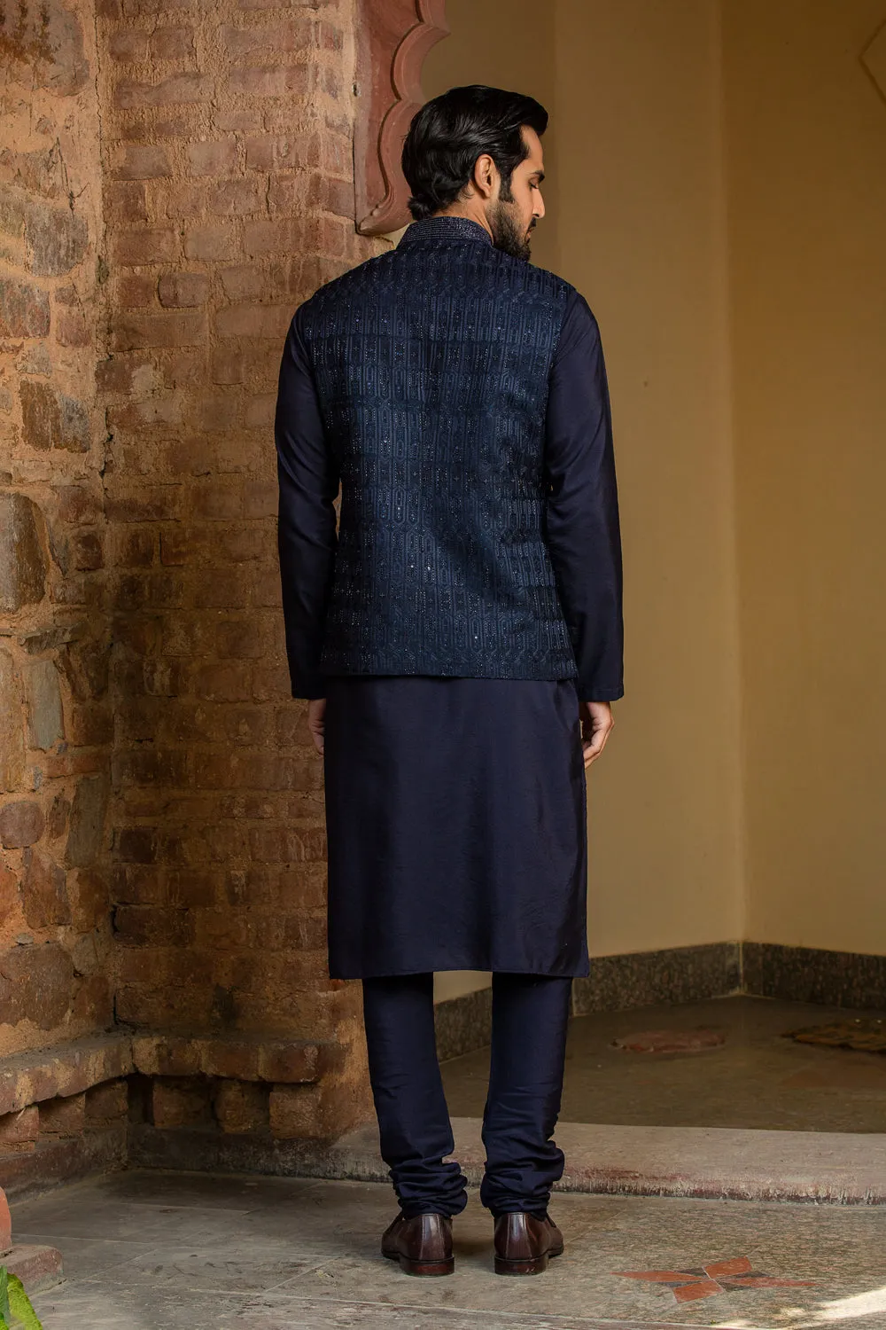 Navy Blue Kurta Churidar with Raw Silk all over Embroidered Nehru Jacket