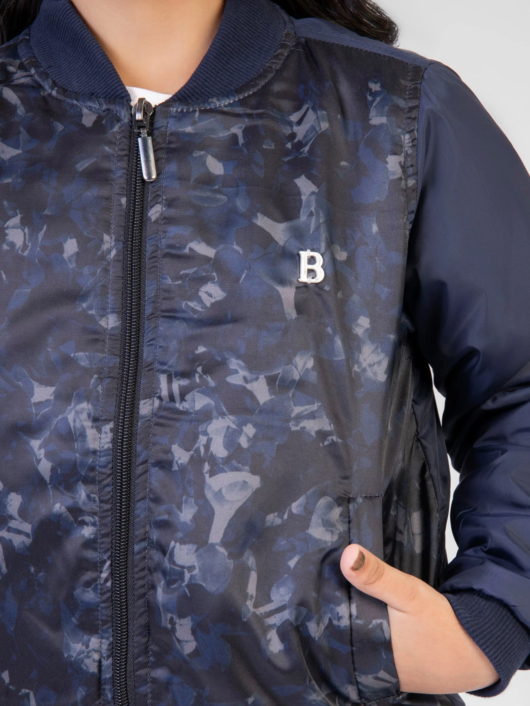 Navy Blue Printed Quilted Bomber Jacket