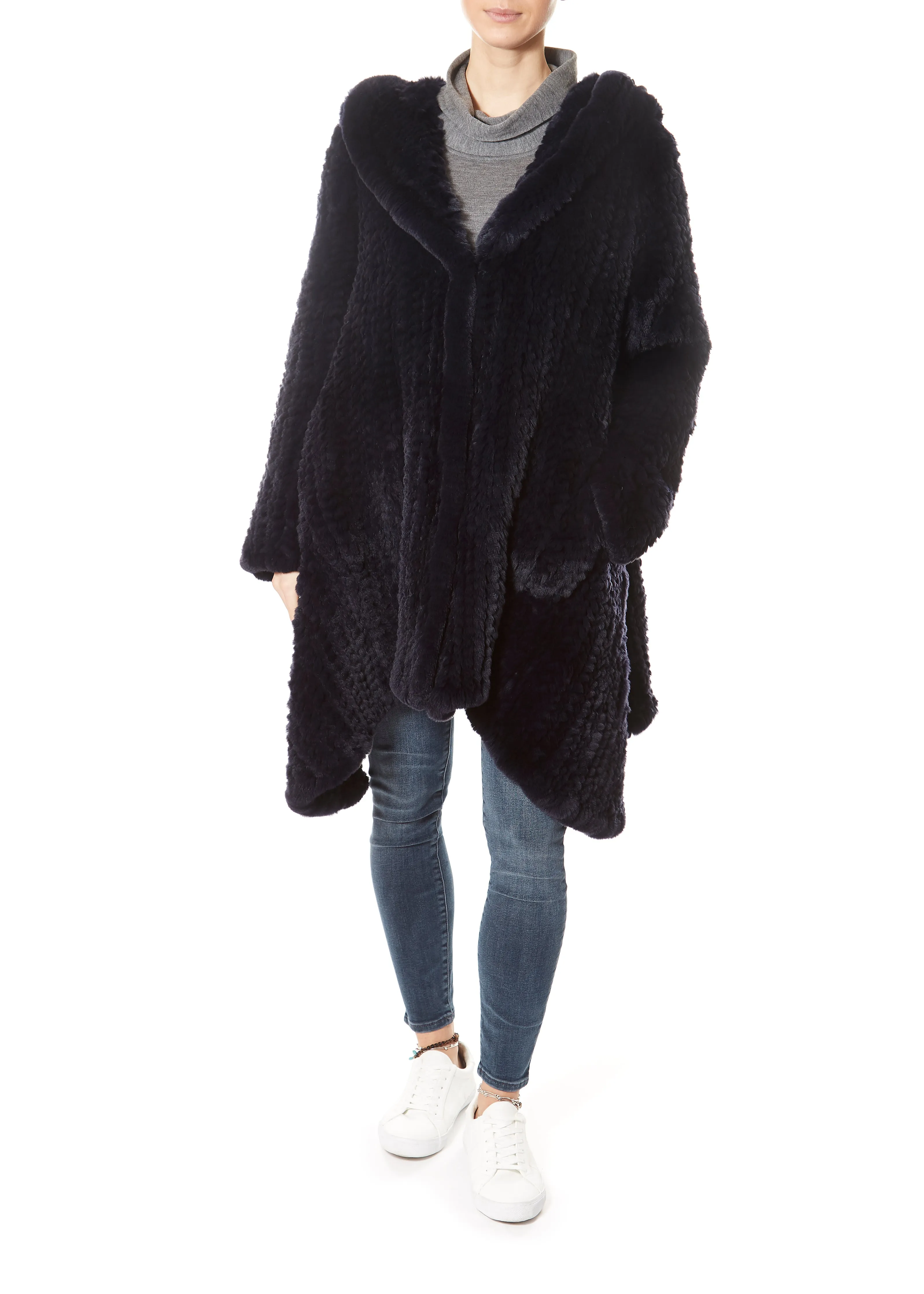 Navy Long Hooded Asymmetric Knitted Rex Rabbit Jacket