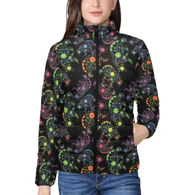 Neon Floral Bears Women's Stand Collar Padded Jacket