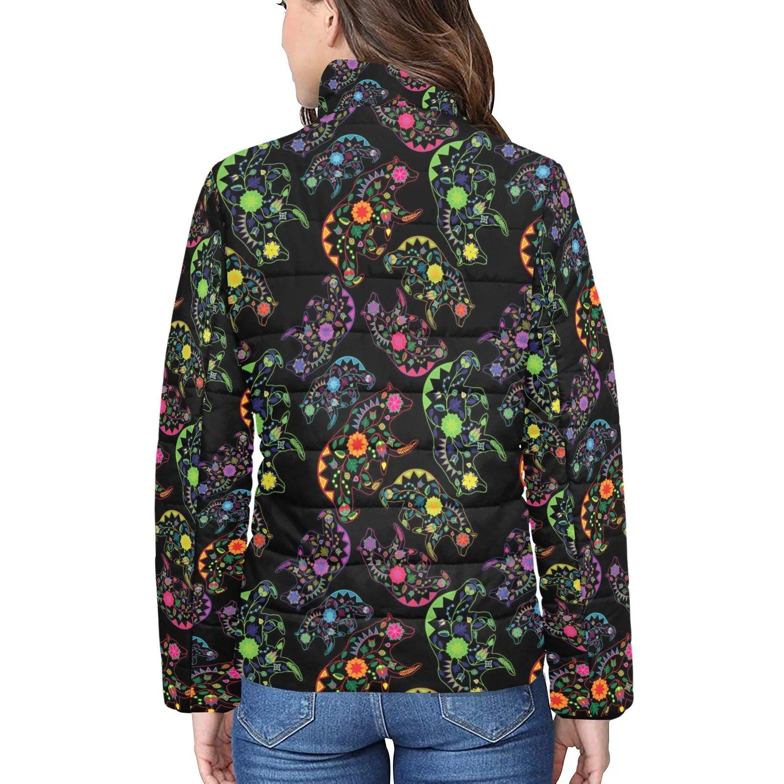 Neon Floral Bears Women's Stand Collar Padded Jacket