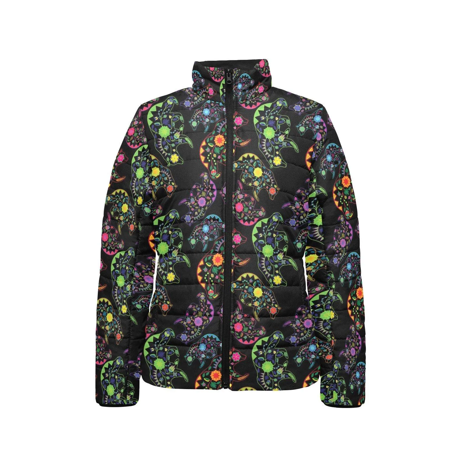 Neon Floral Bears Women's Stand Collar Padded Jacket