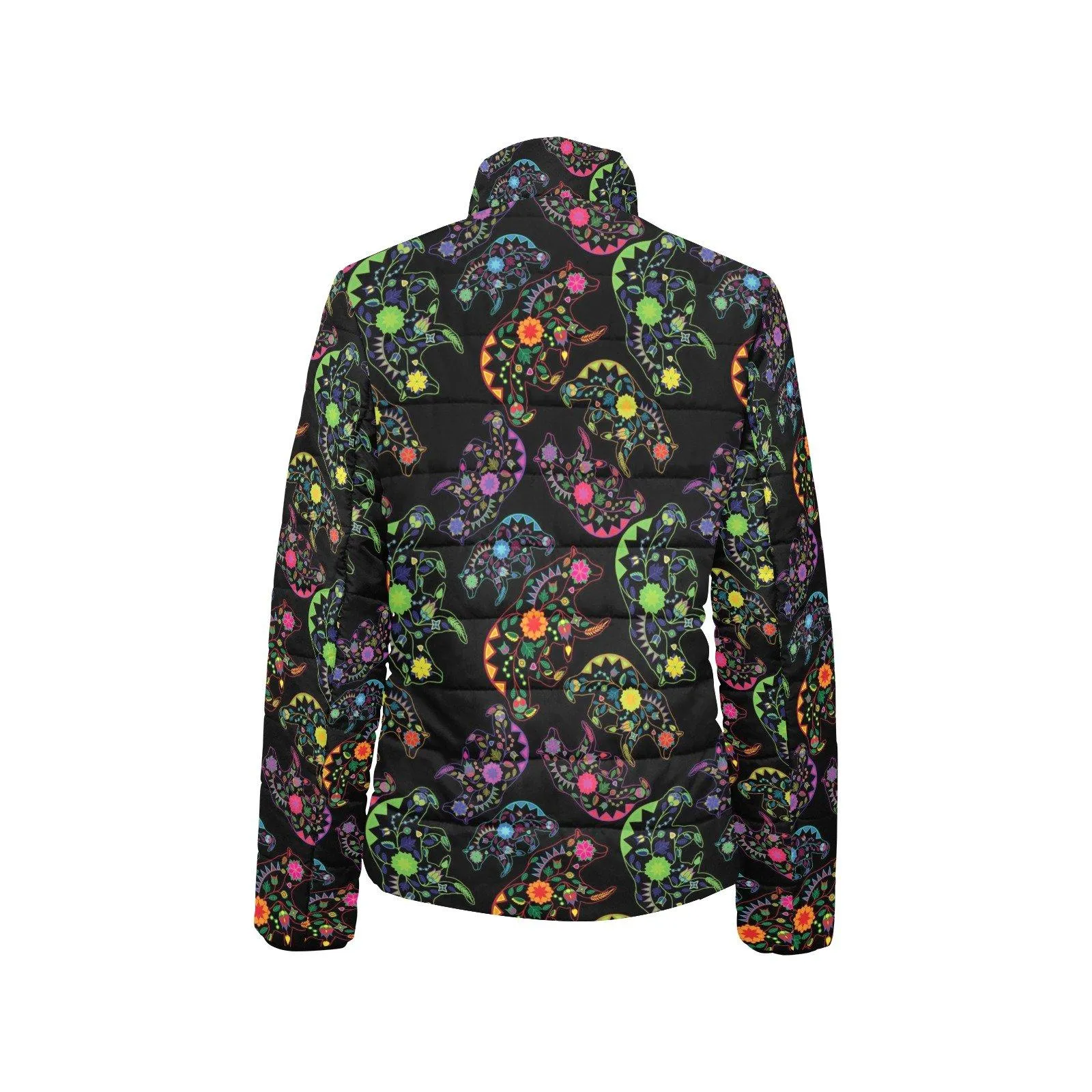 Neon Floral Bears Women's Stand Collar Padded Jacket