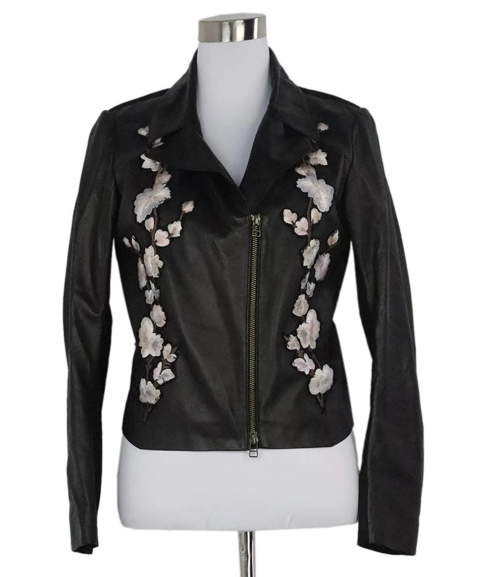 Nigel Preston Black Leather Jacket w/ Floral Embroidery sz 4