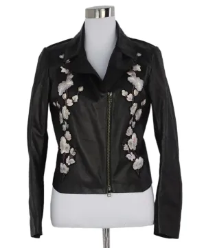 Nigel Preston Black Leather Jacket w/ Floral Embroidery sz 4