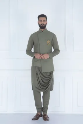 Olive Quilted Nehru Jacket Set