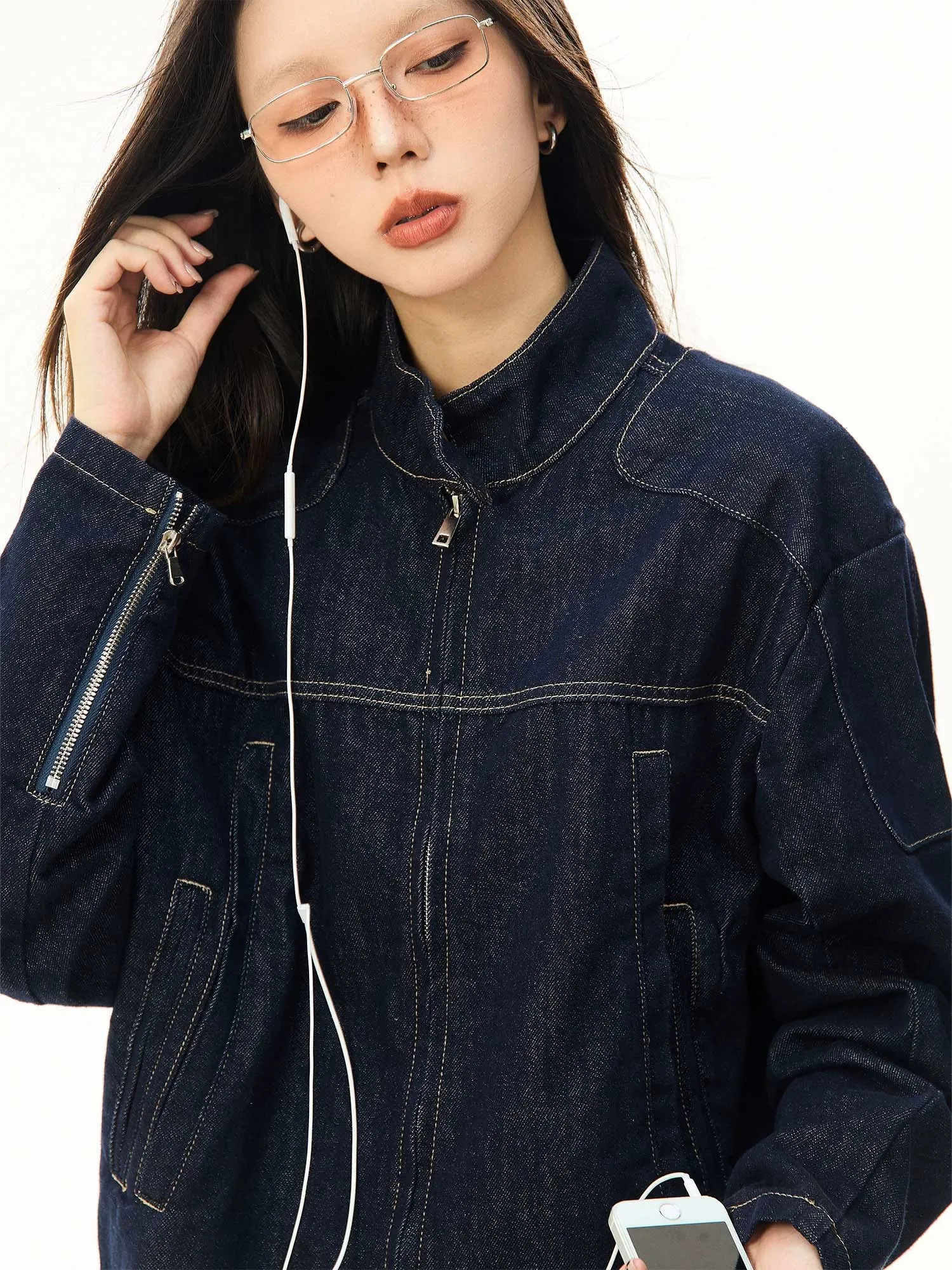 Oversized Contrast Stitch Denim Zip Jacket